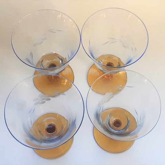 VTG Antique Thin Elegant Glass Azure Blue Goblet Amber Stem Set of 4 Etched Rare - Picture 2 of 14